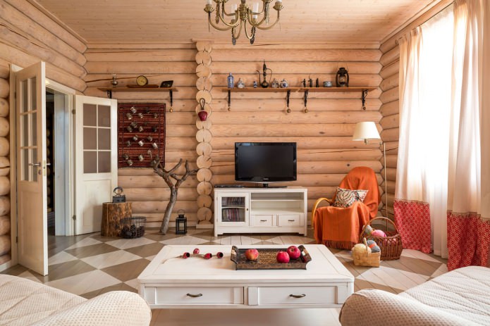 design obývacího pokoje v dřevěném domě z kulatiny
