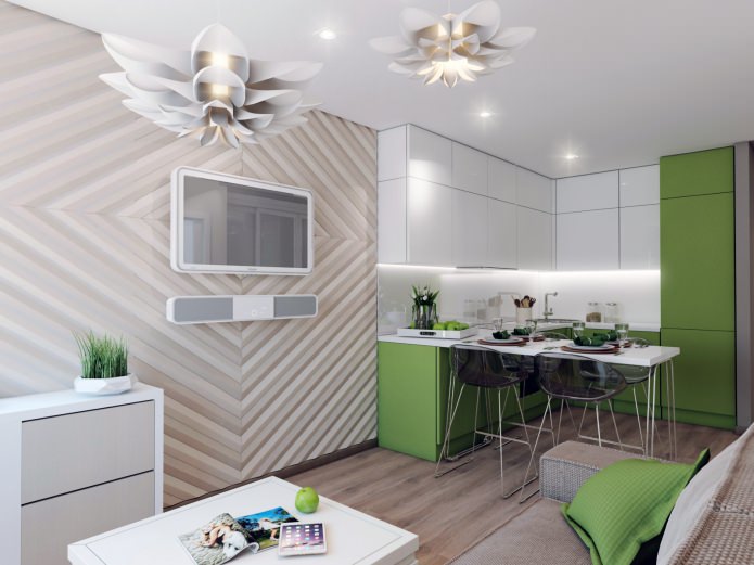 design kuchyně-obývací pokoj 18,62 čtverečních m.