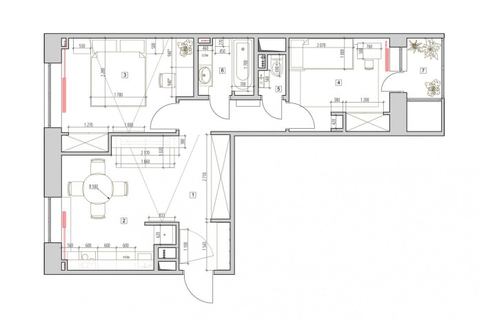 Indeling van een tweekamerappartement 52 m². m.