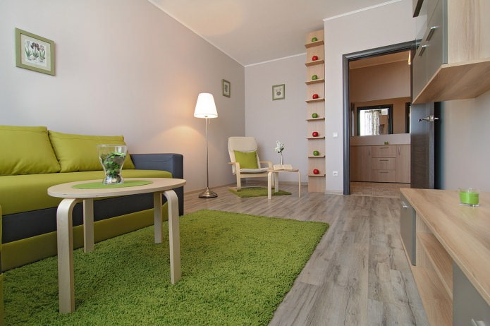obývacia izba v interiéri jednoizbového bytu o rozlohe 42 m². m.