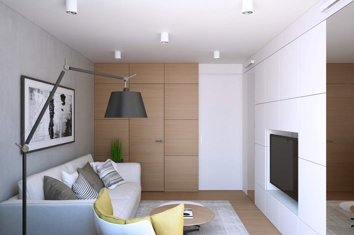 design del soggiorno in un monolocale di 43 mq. m.