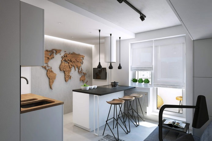 ontwerp van een keuken-woonkamer in een studio-appartement van 43 m². m.