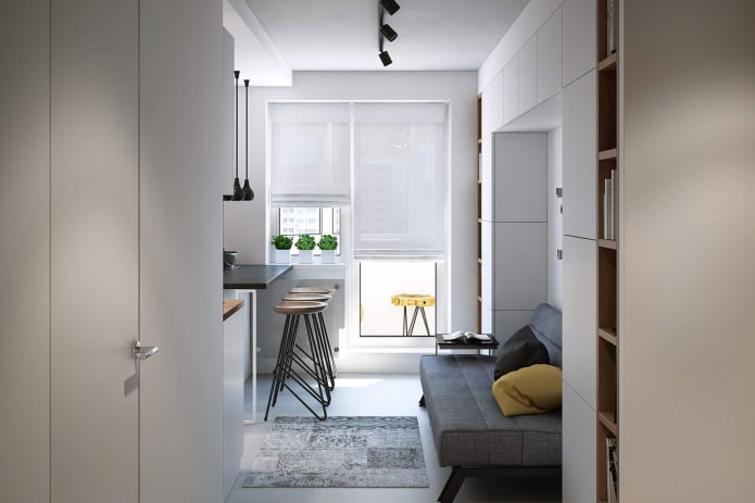 virtuves-dzīvojamās istabas dizains studijas tipa dzīvoklī 43 kv. m.