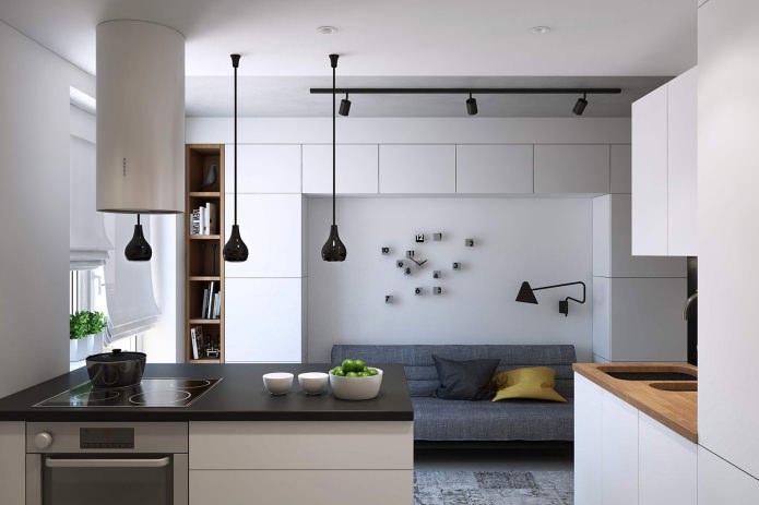 progettazione di una cucina-soggiorno in un monolocale di 43 mq. m.