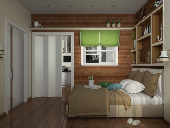camera da letto con finta finestra nel progetto di interior design dell'appartamento