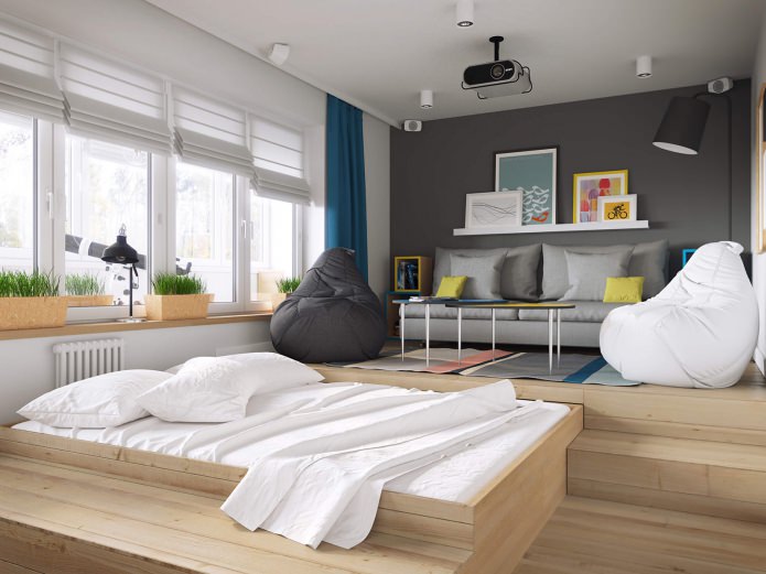 phòng khách-phòng ngủ trong thiết kế của một căn hộ một phòng của 37 mét vuông. m.