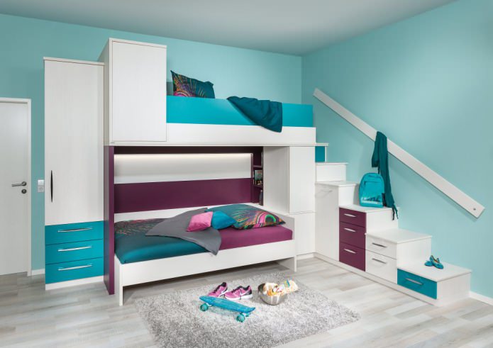 turkusowy kolor w pokoju dziecięcym dla dwójki dzieci
