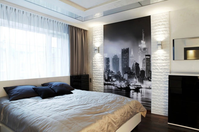 Valokuvatapetti, jossa on metropolin kuva makuuhuoneen seinällä