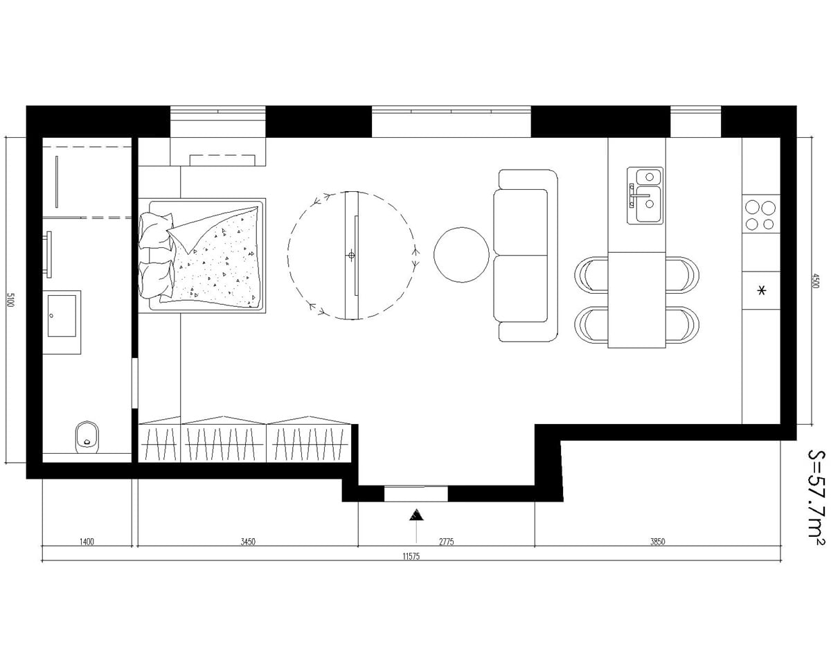 Studio-indeling 57 m²