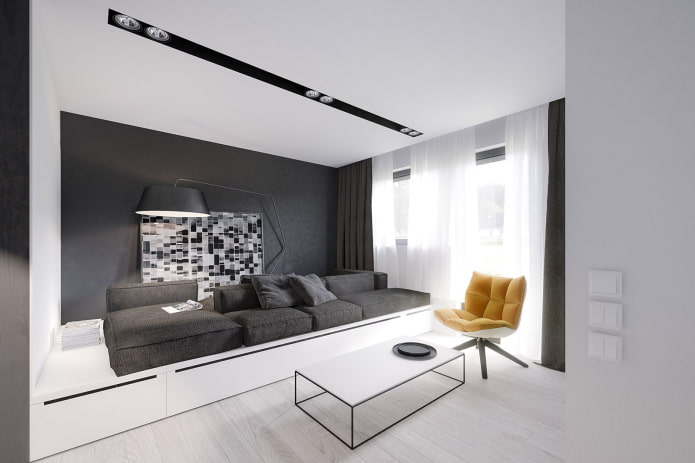 šedý a bílý obývací pokoj
