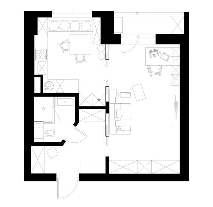 distribució d'un apartament d'una habitació de 39 metres quadrats m.