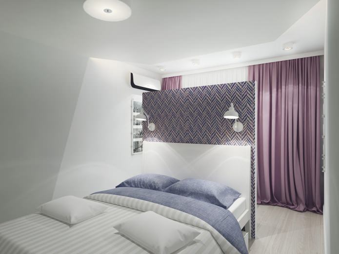 guļamistabas interjers ar violetiem aizkariem