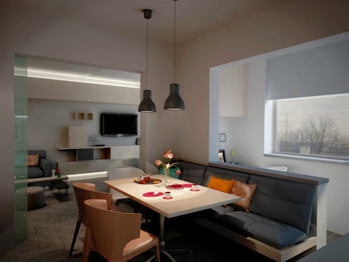 virtuvės dizainas kartu su balkonu P-44 serijos studijos apartamentuose