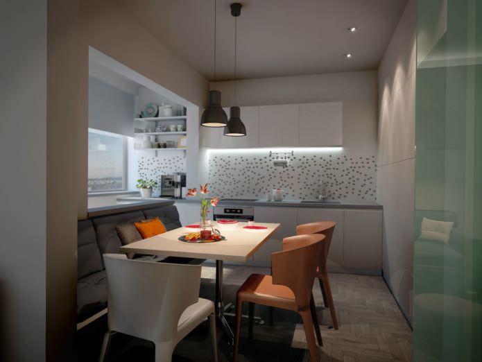 design kuchyně v kombinaci s balkonem ve studiovém bytě řady P-44