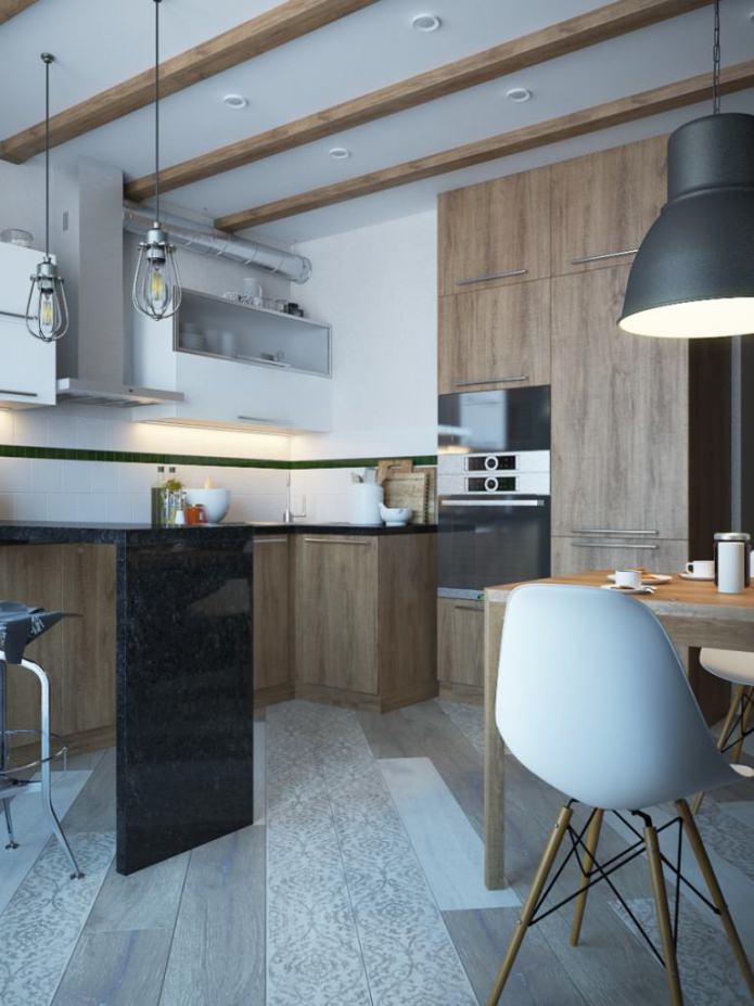 virtuvės dizaino projektas su medinėmis sijomis