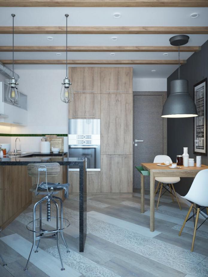 projekt dizajnu kuchyne s drevenými trámami