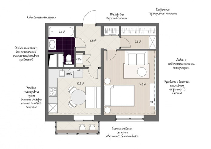plán na usporiadanie nábytku v jednoizbovom byte o rozlohe 38 m². m. v dome série KOPE