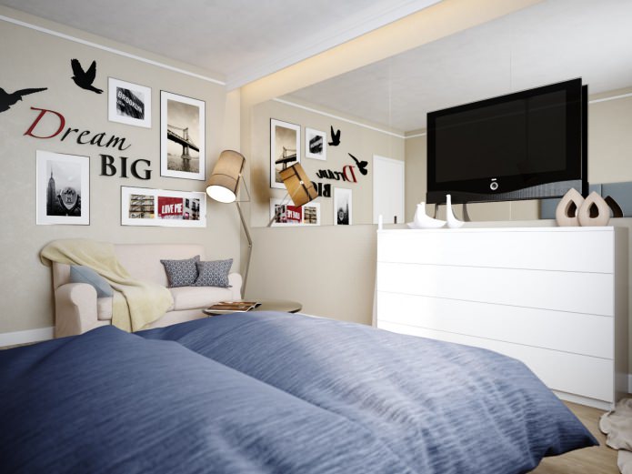 soggiorno-camera da letto nella progettazione di un appartamento di 38 mq. m.