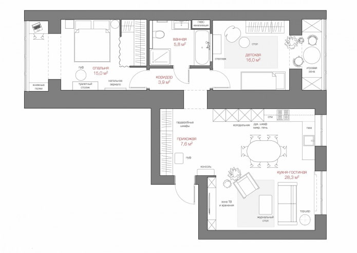 trijų kambarių buto išplanavimas 80 kv. m. su baldų išdėstymu