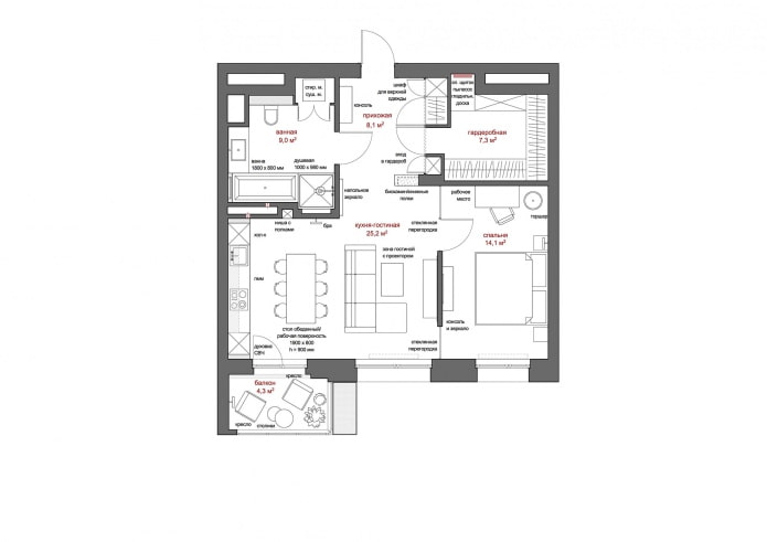 dispozice 2-pokojového bytu 63,7 m2 m. s uspořádáním nábytku
