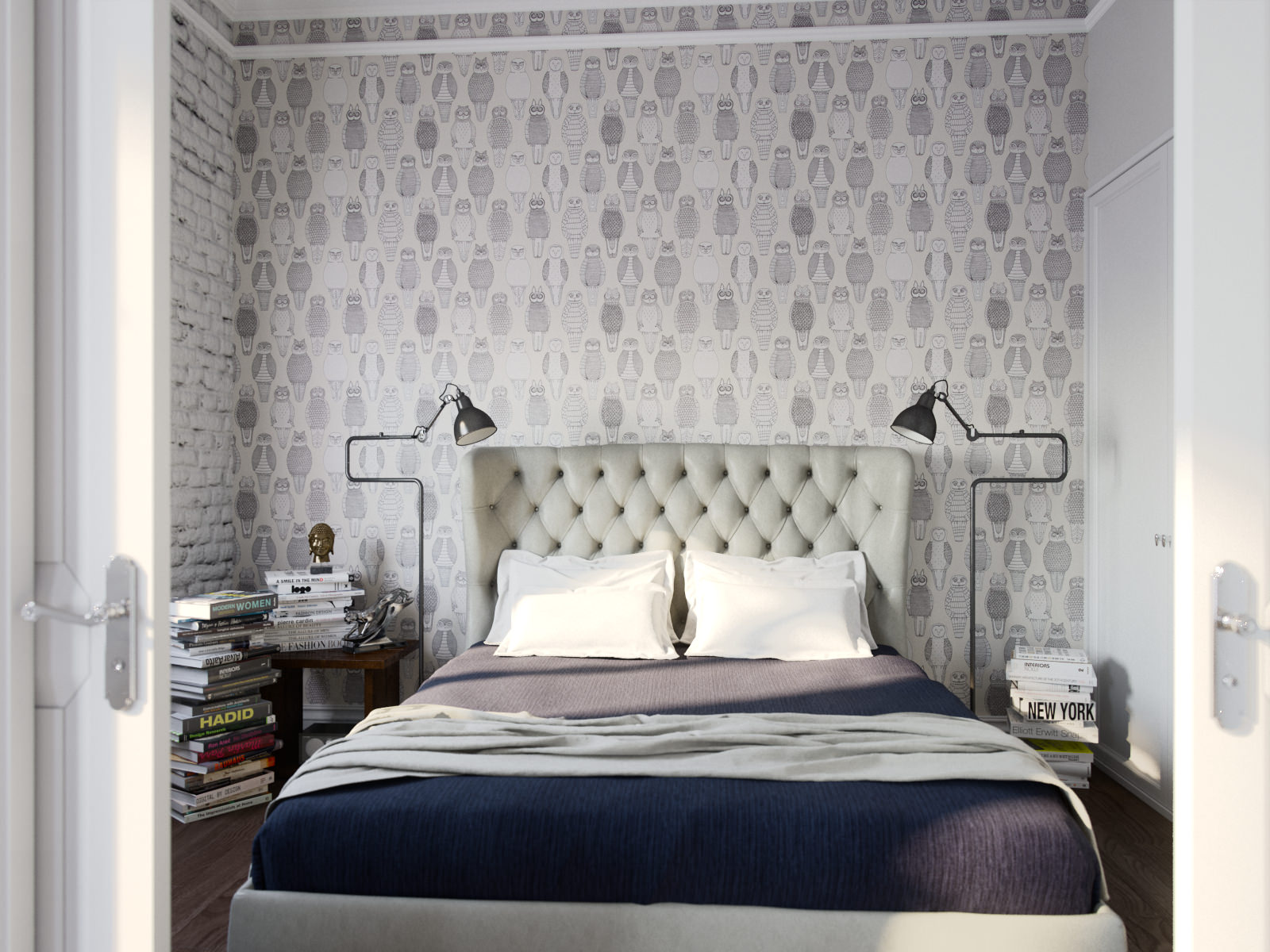 thiết kế phòng ngủ với giấy dán tường màu xám