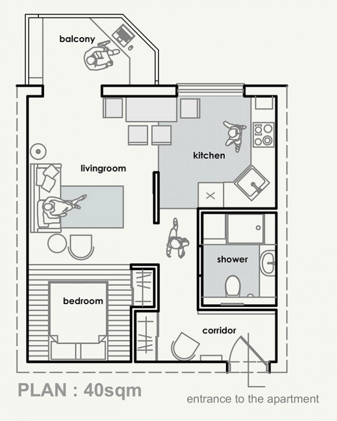 de indeling van het appartement is 40 m². m.