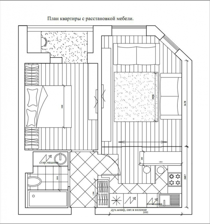 indeling van een tweekamerappartement van 50 m². m.