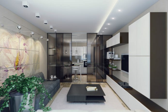 Interiér obývacej izby s kuchyňou v modernom štýle