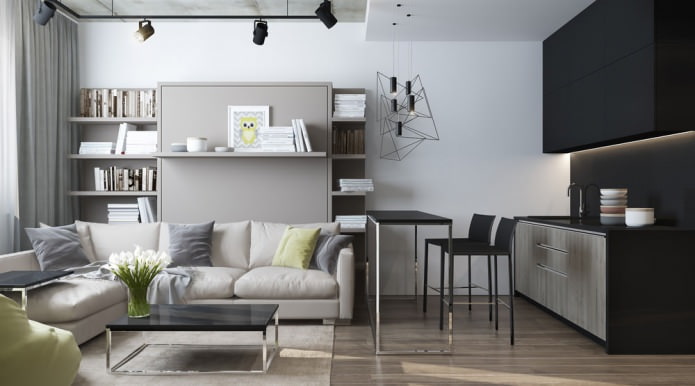 Stüdyo dairede mutfak ile birleştirilmiş oturma odasının modern tasarımı