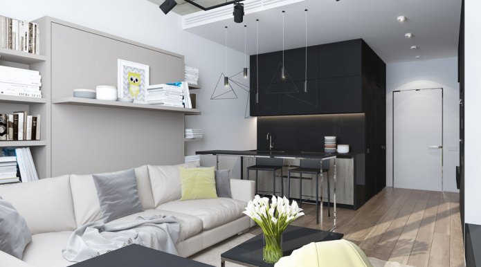 Stüdyo dairede mutfak ile birleştirilmiş oturma odasının modern tasarımı