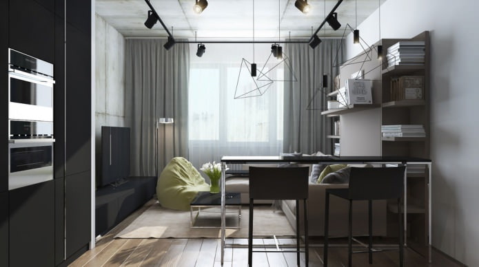 Reka bentuk moden ruang tamu yang digabungkan dengan dapur di apartmen studio