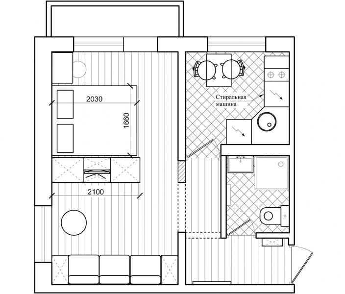 de indeling van een hoekstudio-appartement van 32 m². m.