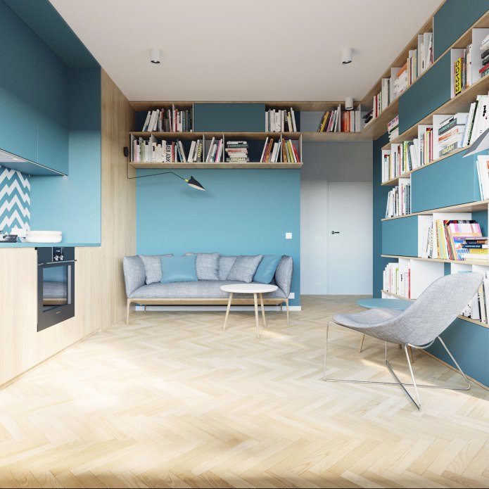 ontwerp van een studio-appartement van 40 m². m. in witte en turquoise kleuren