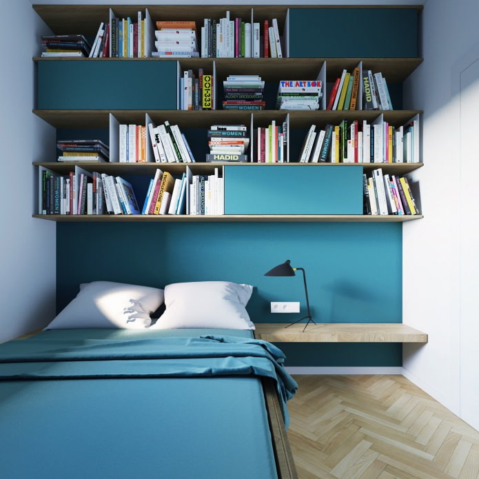 עיצוב חדר שינה בצבעי טורקיז בדירת סטודיו