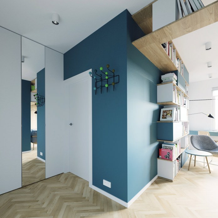 conception de couloir dans des couleurs blanches et turquoises dans un studio