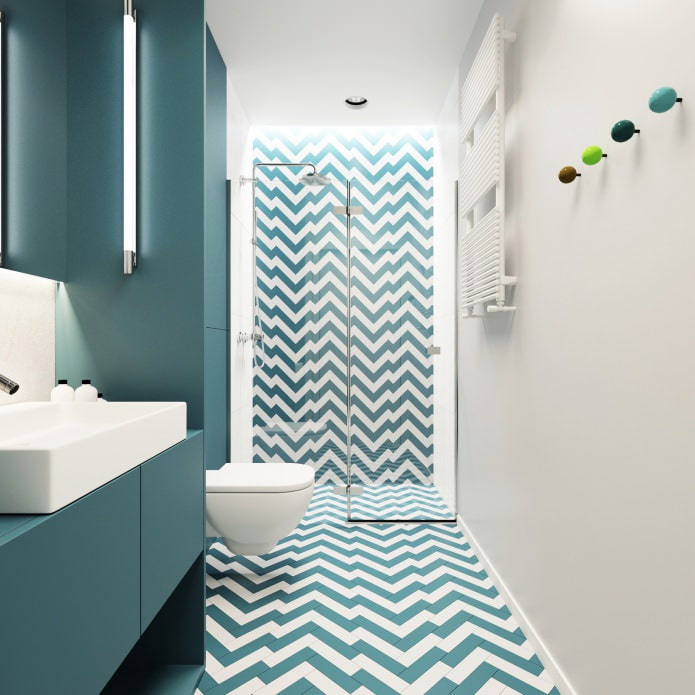 kylpyhuoneen suunnittelu valkoisilla ja turkoosilla väreillä
