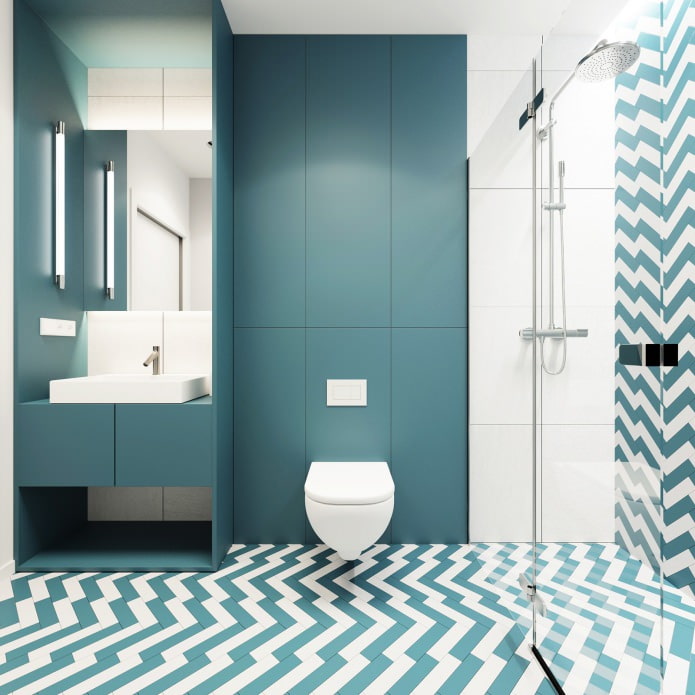 kylpyhuoneen suunnittelu valkoisilla ja turkoosilla väreillä