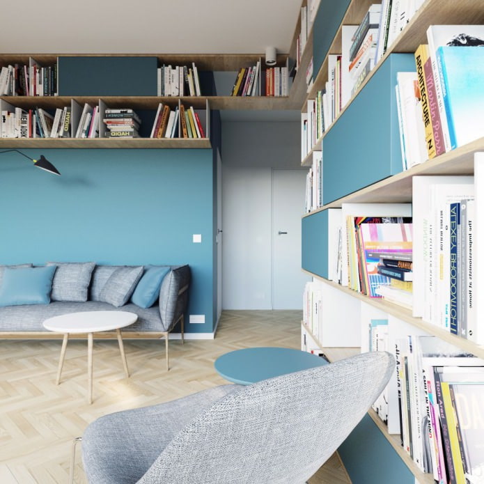conception d'un studio de 40 m². m. dans les couleurs blanc et turquoise