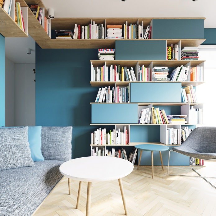 thiết kế của một căn hộ studio 40 sq. m. màu trắng và xanh ngọc