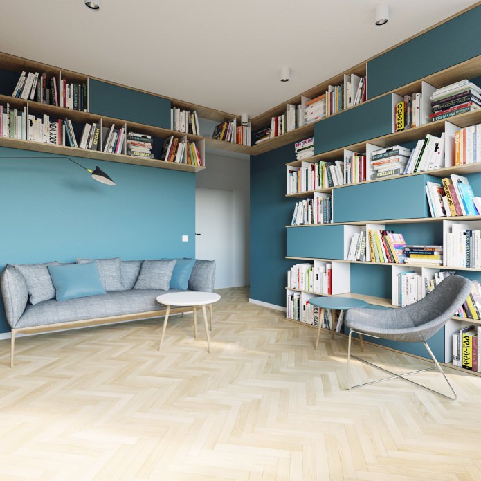 dizaina studijas tipa dzīvoklis 40 kv. m. baltā un tirkīza krāsā