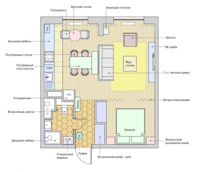 la disposition de l'appartement est de 46 m². m.