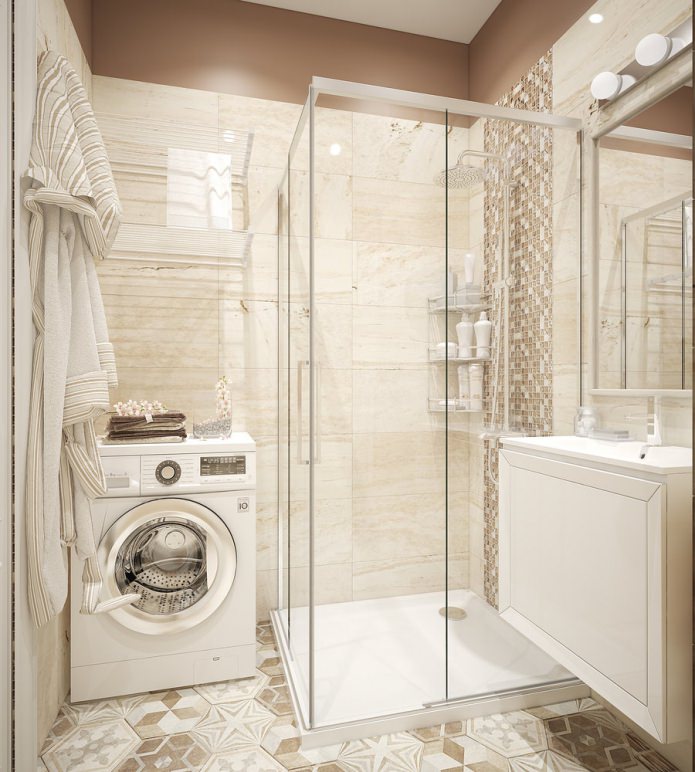 kylpyhuone suihkulla beige värejä