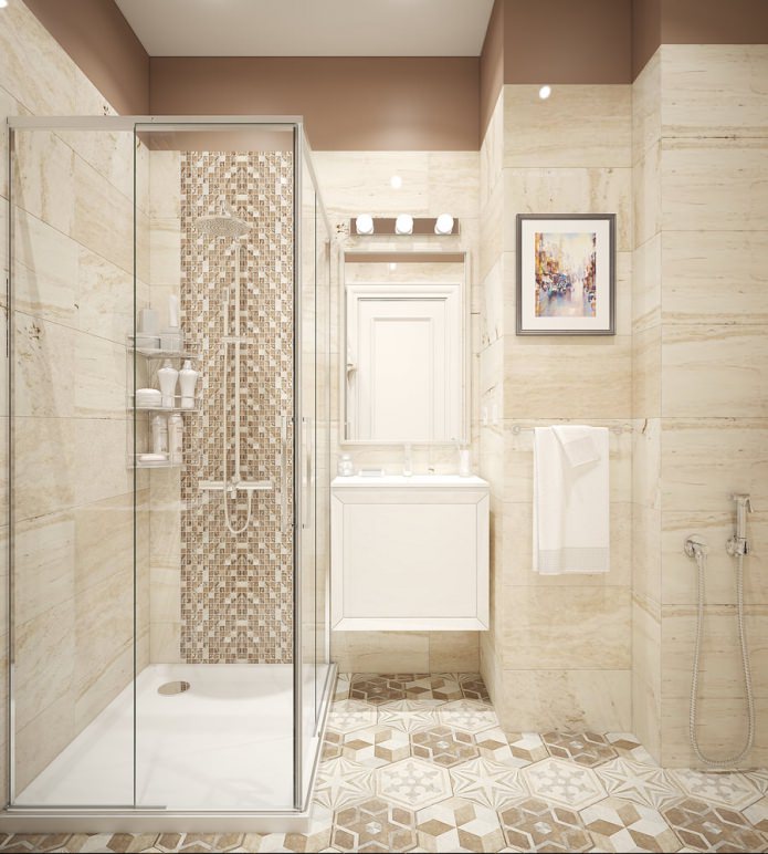 vannas istaba ar dušu smilškrāsas krāsās