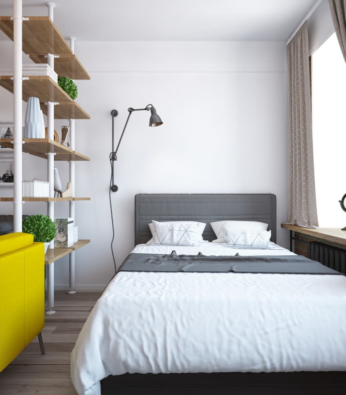 Projekt sypialni w jednopokojowym mieszkaniu z kamizelką