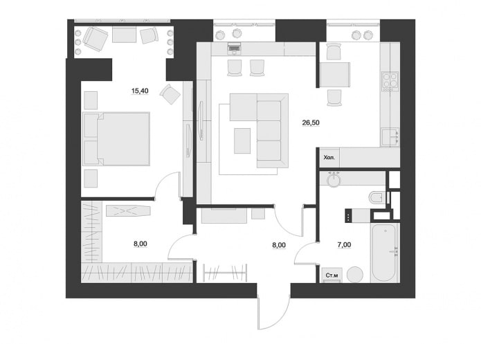 Разпределението на апартамента е 65 кв. м.