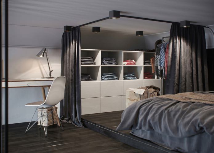 غرفة نوم داخلية في شقة من غرفة نوم واحدة مع سقوف عالية