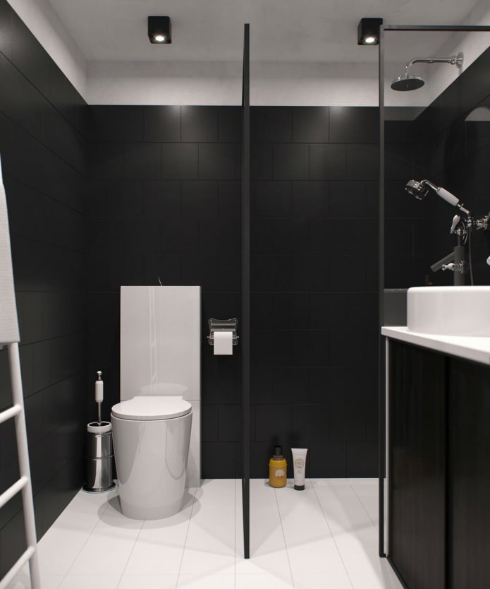 ontwerp van een badkamer in een studio-appartement met hoge plafonds