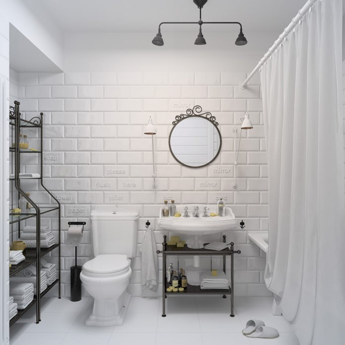 vannas istaba balta ar ķieģeļu flīzēm