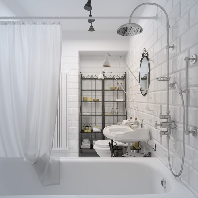 phòng tắm màu trắng với gạch lát gạch