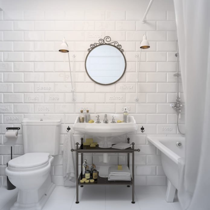 bilik mandi berwarna putih dengan jubin batu bata